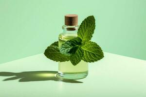 a bottle of mint essential oil with a green leaf photo