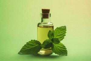 a bottle of mint essential oil with a green leaf photo