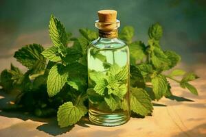 a bottle of mint oil next to a sprig of mint photo