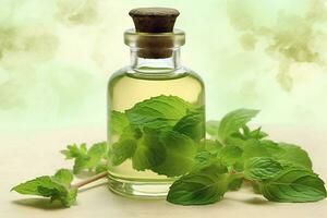 a bottle of mint oil next to a sprig of mint photo