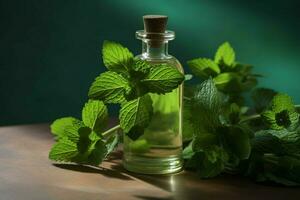 a bottle of mint oil next to a sprig of mint photo