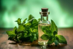 a bottle of mint oil next to a sprig of mint photo