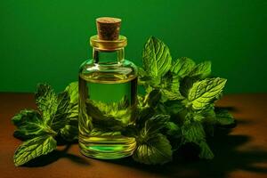 a bottle of mint oil next to a sprig of mint photo