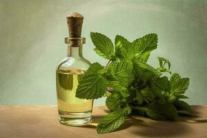 a bottle of mint oil next to a sprig of mint photo