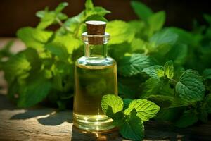 a bottle of mint oil next to a sprig of mint photo