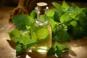 a bottle of mint oil next to a sprig of mint photo