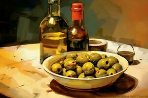 a bottle of olive oil next to a bowl of olives photo