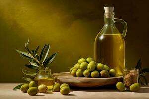 a bottle of olive oil next to a bunch of green ol photo