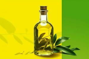 a bottle of olive oil with a green background photo