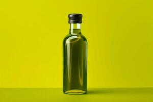 a bottle of olive oil with a green background photo