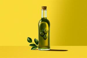 a bottle of olive oil with a green background photo