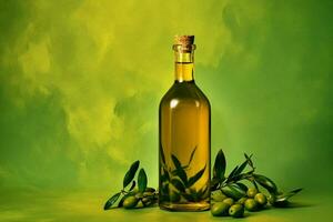 a bottle of olive oil with a green background photo