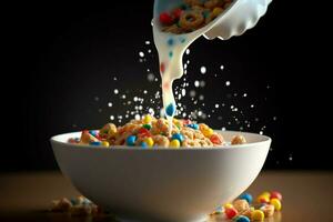 a bowl of cereal being poured into a bowl with a photo
