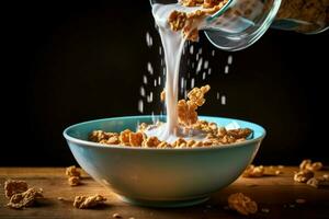 a bowl of cereal being poured into a bowl with mi photo