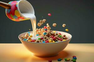 un cuenco de cereal es siendo vertido dentro un cuenco con foto