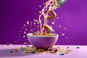 a bowl of cereal is being poured into a bowl with photo