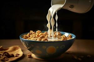 a bowl of cereal is being poured into a bowl with photo