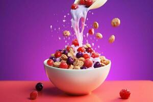 a bowl of cereal is being poured into a bowl with photo