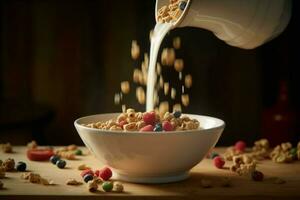 a bowl of cereal is being poured into a bowl with photo