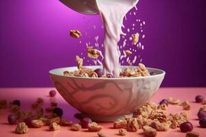 a bowl of cereal is being poured into a bowl with photo