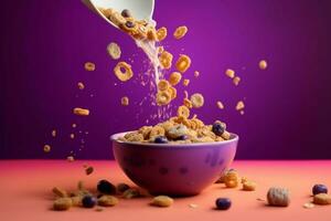 un cuenco de cereal es siendo vertido dentro un cuenco con foto