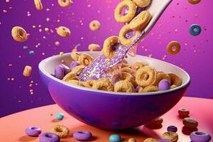 un cuenco de cereal es siendo vertido dentro un cuenco con foto