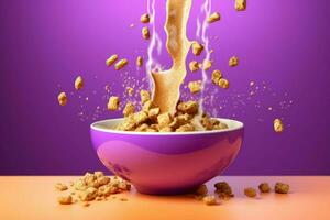 a bowl of cereal is being poured into a bowl with photo