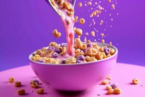 a bowl of cereal is being poured into a bowl with photo