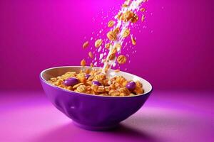 un cuenco de cereal es siendo vertido dentro un cuenco con foto