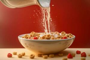 a bowl of cereal is being poured into a bowl with photo