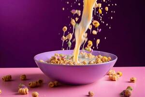 a bowl of cereal is being poured into a bowl with photo