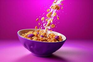 a bowl of cereal is being poured into a bowl with photo