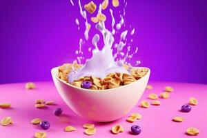 a bowl of cereal is being poured into a bowl with photo