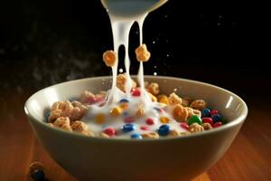 un cuenco de cereal con un blanco líquido siendo vertido foto