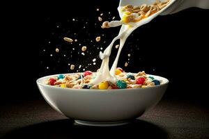 a bowl of cereal with a white liquid being poured photo