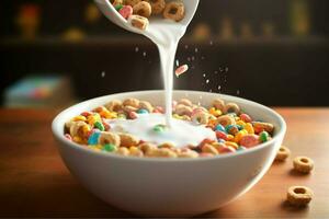 a bowl of cereal with a white liquid being poured photo