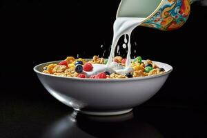 a bowl of cereal with a white liquid being poured photo