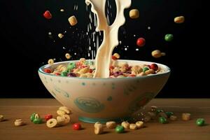 a bowl of cereal with milk and a splash of milk photo