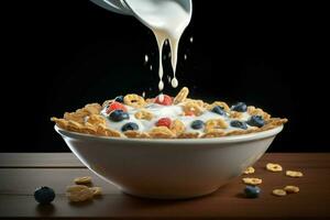a bowl of cereal with a white liquid being poured photo