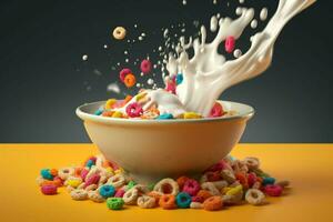 a bowl of cereal with milk and a splash of milk photo