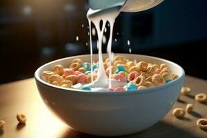 a bowl of cereal with milk pouring into it photo