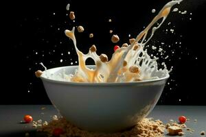 a bowl of cereal with milk and a splash of milk photo