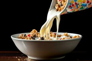 a bowl of cereal with milk pouring into it photo