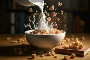 a bowl of cereal with milk pouring into it photo