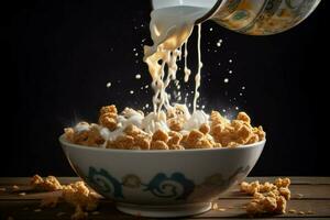 a bowl of cereal with milk pouring into it photo