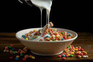 a bowl of cereal with milk pouring into it photo