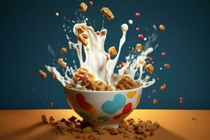 a bowl of cereal with milk and a splash of milk photo