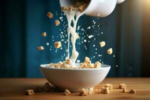 a bowl of cereal with milk pouring into it photo