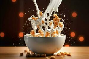 a bowl of cereal with milk pouring into it photo