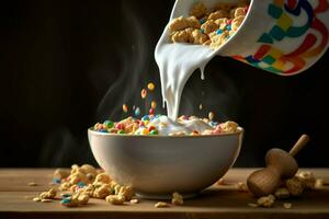 a bowl of cereal with milk pouring into it photo